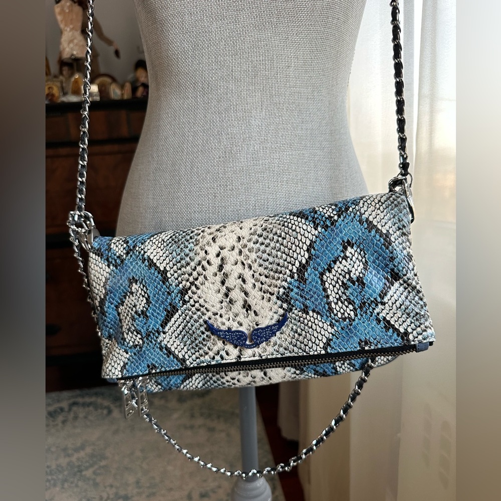 NEW ZADIG & VOLTAIRE Blue Snake Print Chain Shoulder Bag